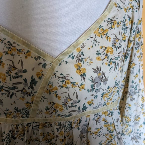 Umgee NWT flowy floral yellow babydoll blouse tie velvet trim S loose T2 - Picture 2 of 5